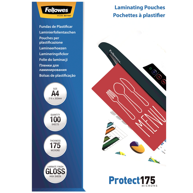 Pouche plastif. A4 175µ Fellowes 100 pz.